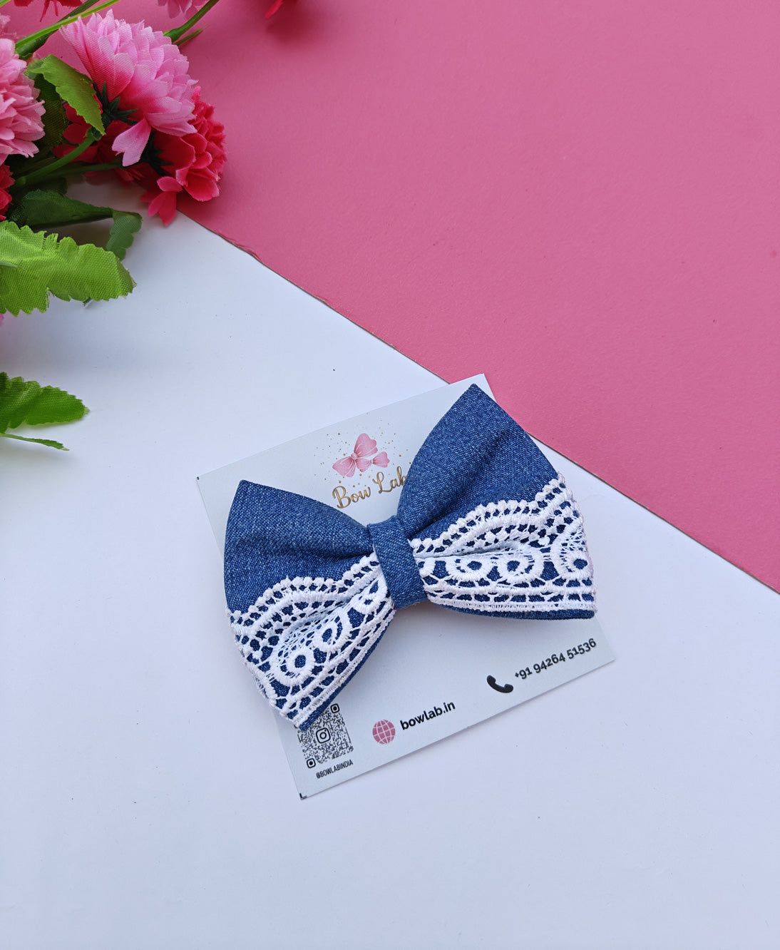 Blue Denim Hairbow with White Lace Trim Secondary image