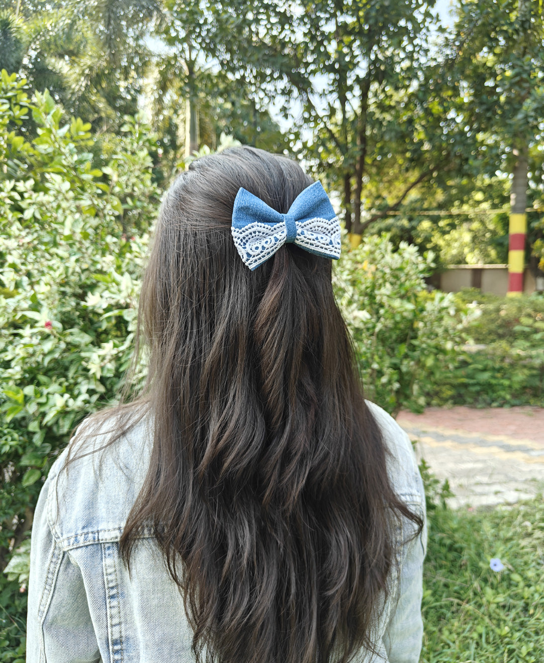 Blue Denim Hairbow with White Lace Trim Main image