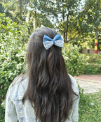 Blue Denim Hairbow with White Lace Trim