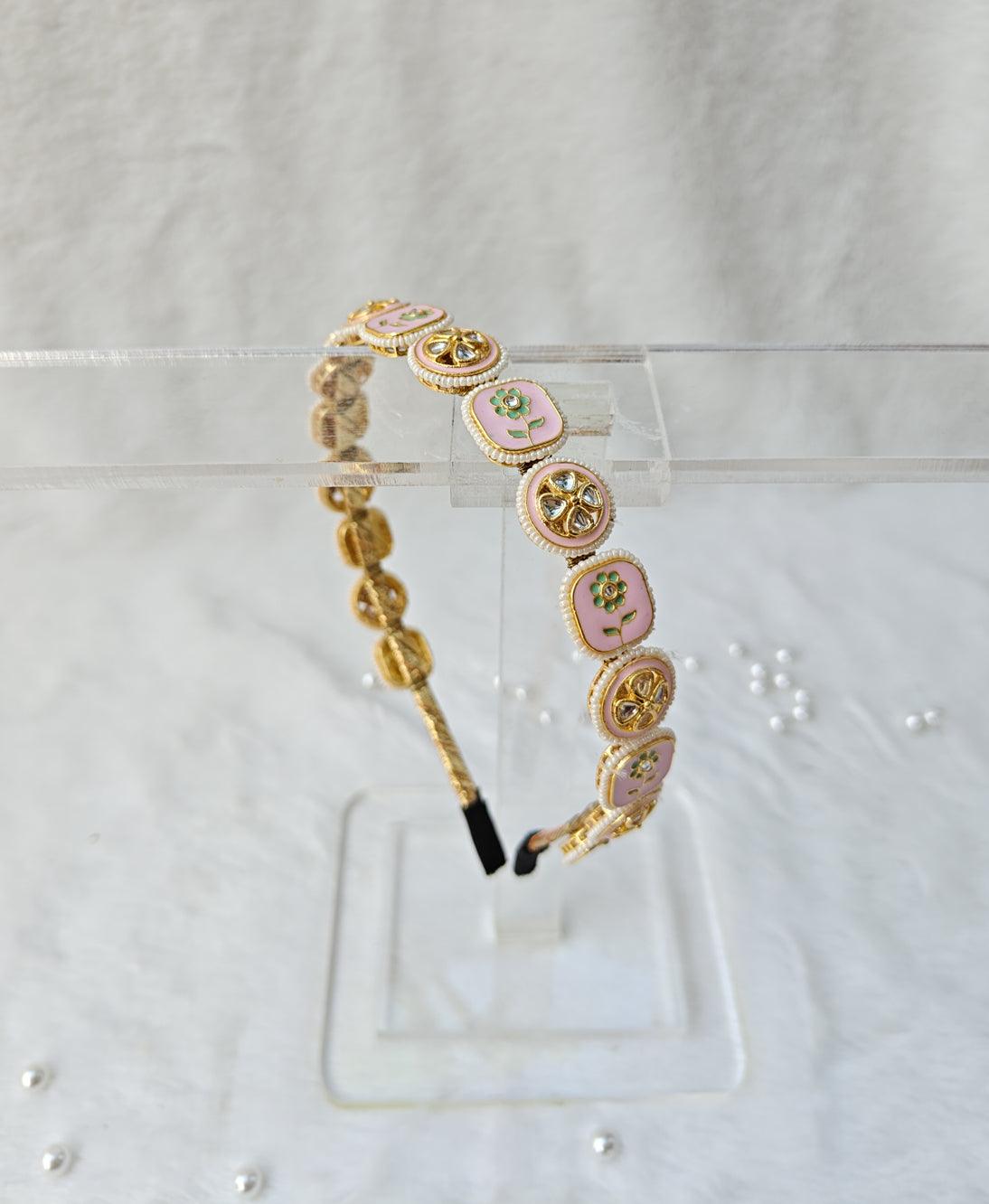 Pink Kundan Hairband with Pearls and Flower Main image