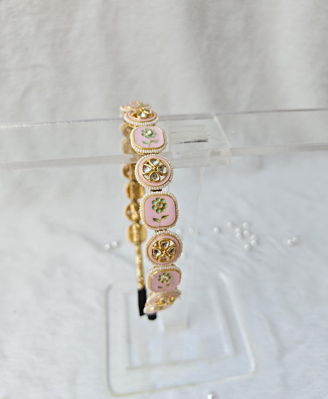 Pink Kundan Hairband with Pearls and Flower