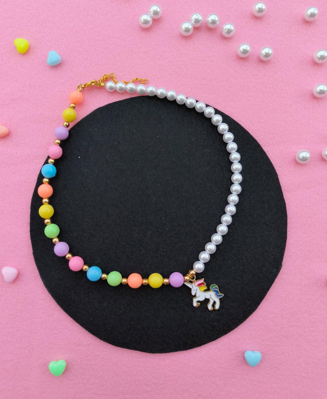Colorful Beaded Pearl Unicorn Charm Necklace Main image